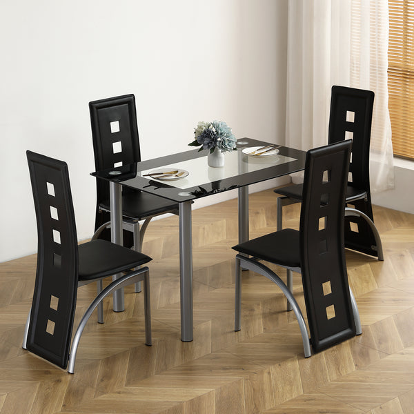 5 Pieces Dining Table Set for 4, Kitchen Room Tempered Glass Dining Table, 4 Chairs, Black，Table legs are silvery