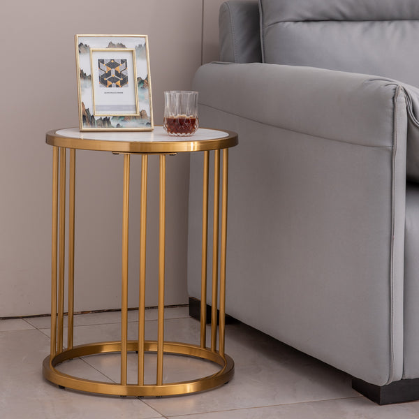 stone round side/end table with golden stainless steel frame