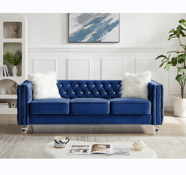 Beige, Three-seater Sofa, Velvet Crystal Buckle Upholstery Sofa