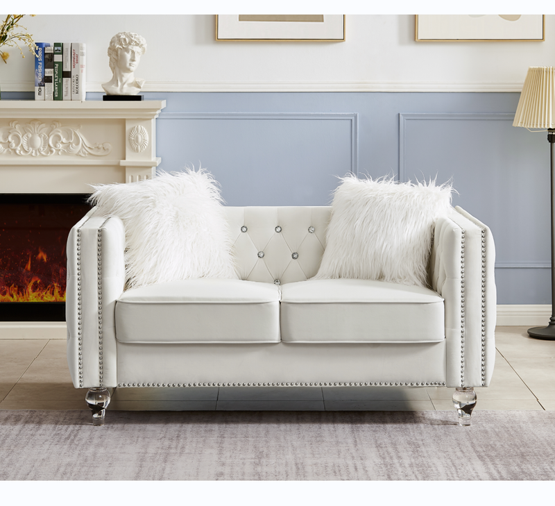 Beige, Two-seater Sofa, Velvet Crystal Buckle Upholstery Sofa