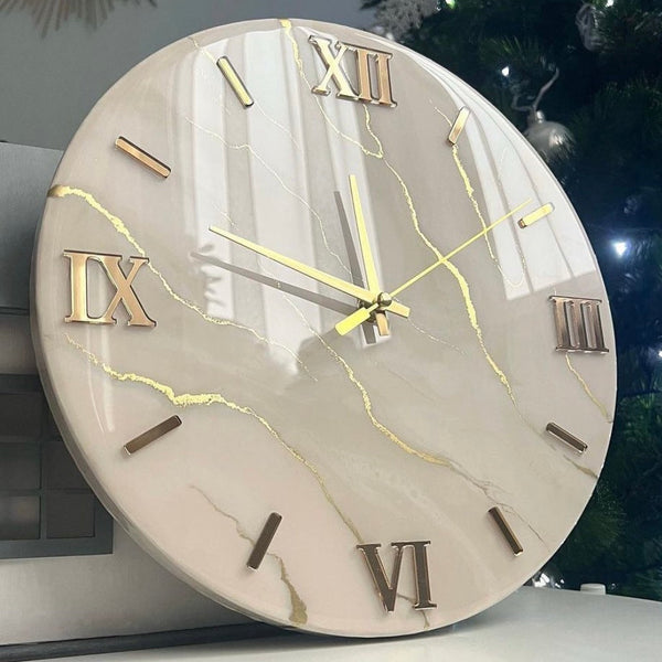 White And Golden Abstract Epoxy Resin Wall Clock For Home Decor-0