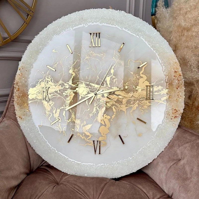 White And Golden Abstract Epoxy Resin Wall Clock For Home Decor-0