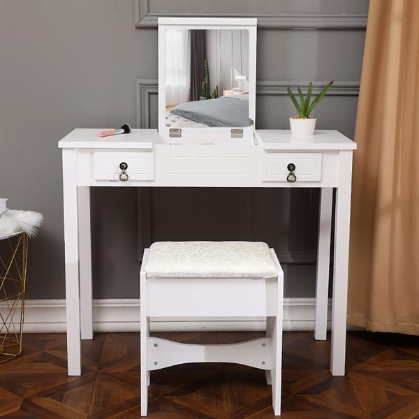 【】Flip Single Mirror Double Drawers Straight Feet Dresser White