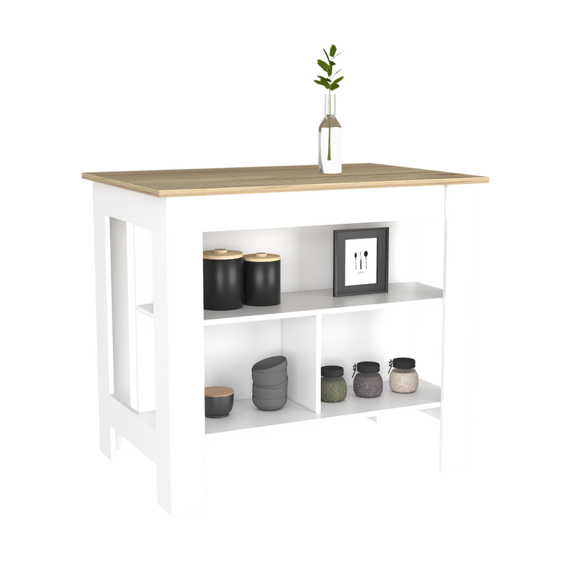 Kitchen Island Dozza, Three Shelves, White / Light Oak Finish-3