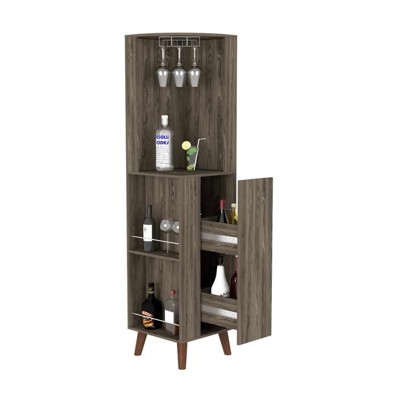 Corner Bar Cabinet Plex, Cup Rack, Two External Shelves, Dark Brown Finish-7