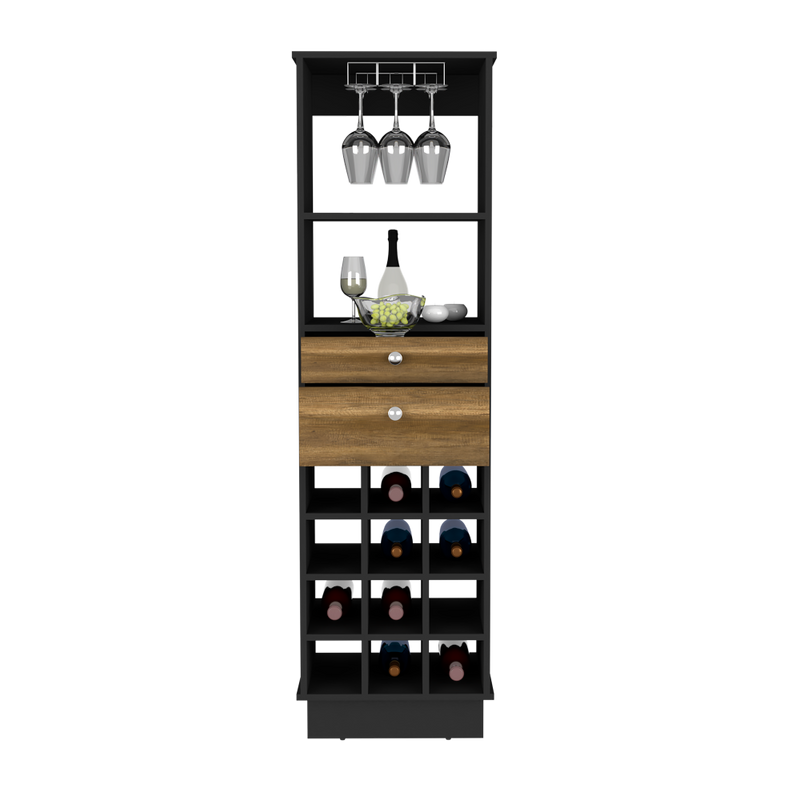 Bar Cabinet Bureck, Two Drawers, Twelve Wine Cubbies, Black Wengue / Walnut Finish-6