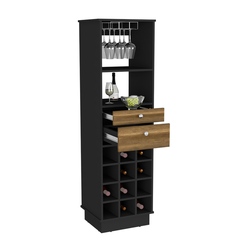 Bar Cabinet Bureck, Two Drawers, Twelve Wine Cubbies, Black Wengue / Walnut Finish-7