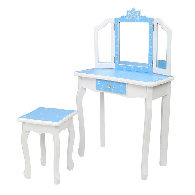 Children's Wooden Dressing Table Three-Sided Folding Mirror Dressing Table Chair Single Drawer Blue Snowflake Style