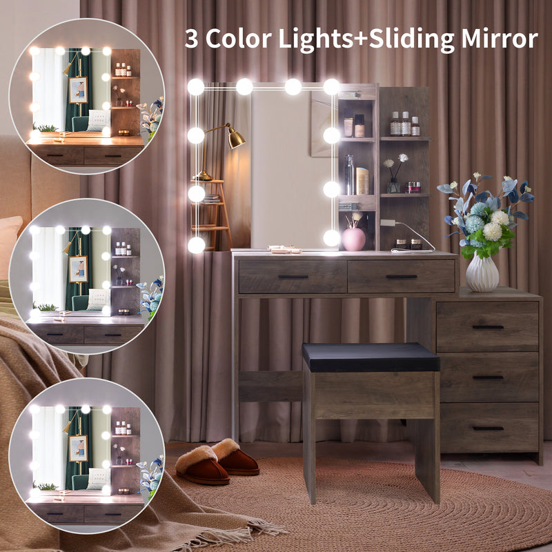 FCH Particleboard Triamine Veneer 5 Pumps 2 Shelves Mirror Cabinet Three Dimming Light Bulb Dressing Table Set Grey