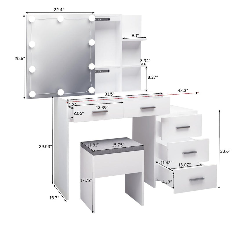 FCH Particleboard Triamine Veneer 5 Pumps 2 Shelves Mirror Cabinet Three Dimming Light Bulb Dressing Table Set White