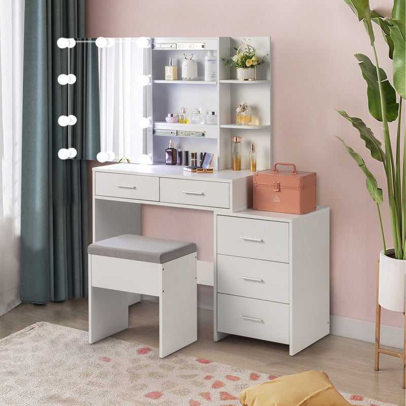 FCH Particleboard Triamine Veneer 5 Pumps 2 Shelves Mirror Cabinet Three Dimming Light Bulb Dressing Table Set White