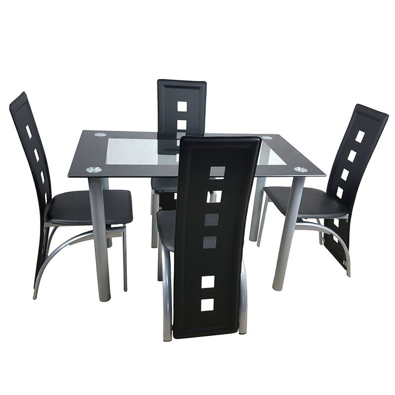 5 Pieces Dining Table Set for 4, Kitchen Room Tempered Glass Dining Table, 4 Chairs, Black，Table legs are silvery