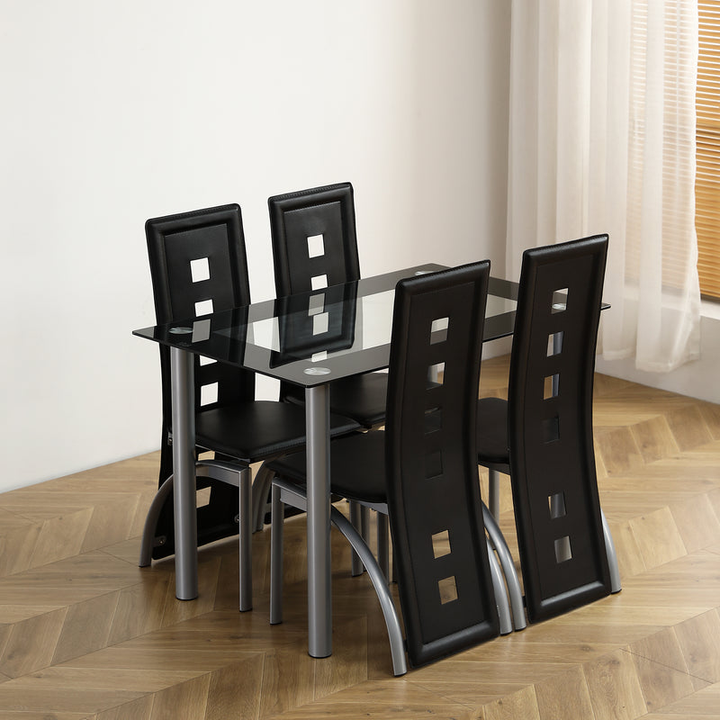 5 Pieces Dining Table Set for 4, Kitchen Room Tempered Glass Dining Table, 4 Chairs, Black，Table legs are silvery