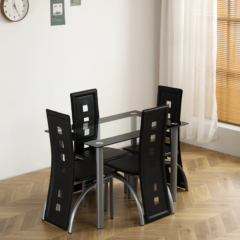 5 Pieces Dining Table Set for 4, Kitchen Room Tempered Glass Dining Table, 4 Chairs, Black，Table legs are silvery