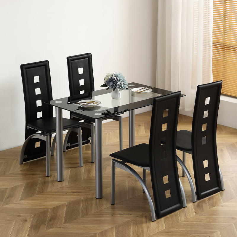 5 Pieces Dining Table Set for 4, Kitchen Room Tempered Glass Dining Table, 4 Chairs, Black，Table legs are silvery