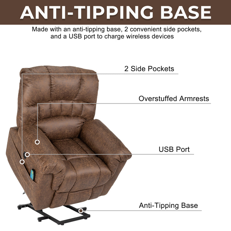 Tech Cloth With 8-Point Massage Heating Function Large Power Lift Lounge Chair Brown