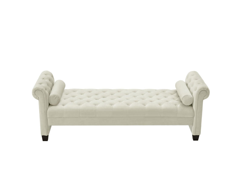 Ivory, Solid Wood Legs Velvet Rectangular Sofa Bench with Attached Cylindrical Pillows