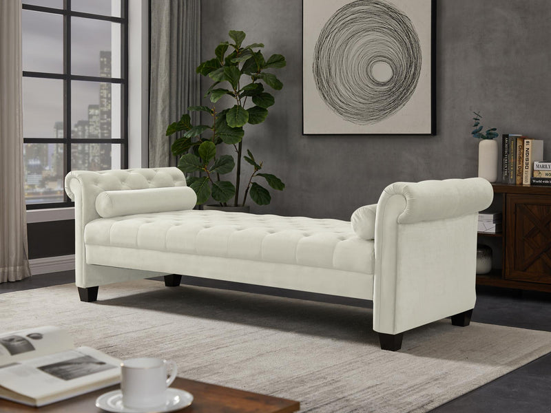 Ivory, Solid Wood Legs Velvet Rectangular Sofa Bench with Attached Cylindrical Pillows