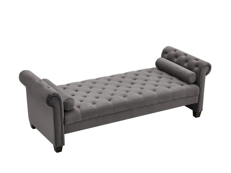 Solid Wood Legs Velvet Rectangular Sofa Bench with Attached Cylindrical Pillows