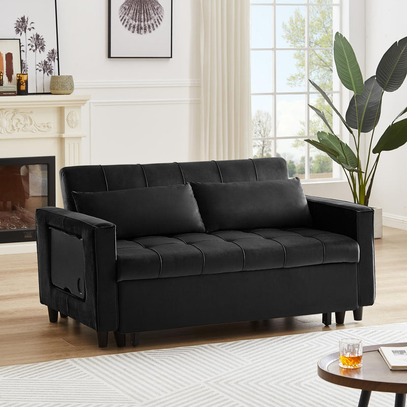 Black, Modern Velvet Recliner Sofa with Pullout Bed