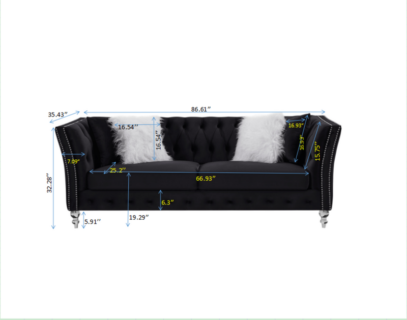 Black, Velvet, Three-Seater Sofa, Acrylic Feet, Cushion Combination Lounge Sofa