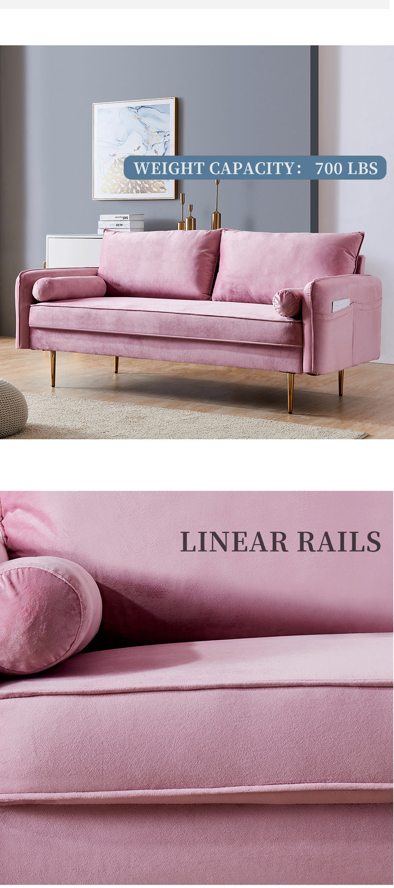 Velvet Fabric sofa with pocket-71‘’pink