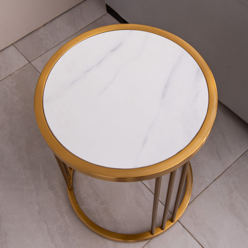 stone round side/end table with golden stainless steel frame