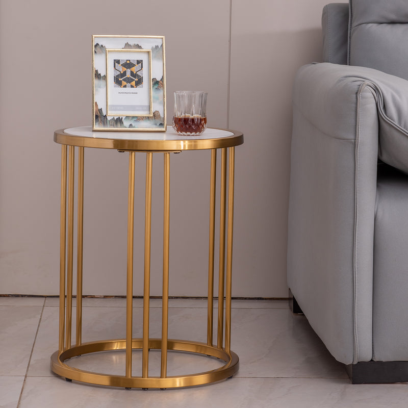 stone round side/end table with golden stainless steel frame