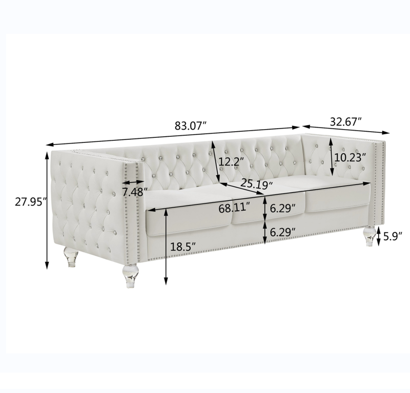 Beige, Three-seater Sofa, Velvet Crystal Buckle Upholstery Sofa