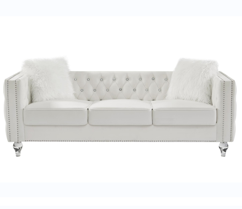 Beige, Three-seater Sofa, Velvet Crystal Buckle Upholstery Sofa