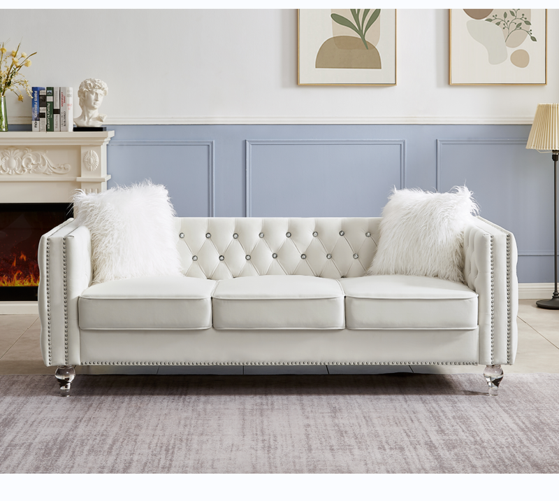 Beige, Three-seater Sofa, Velvet Crystal Buckle Upholstery Sofa