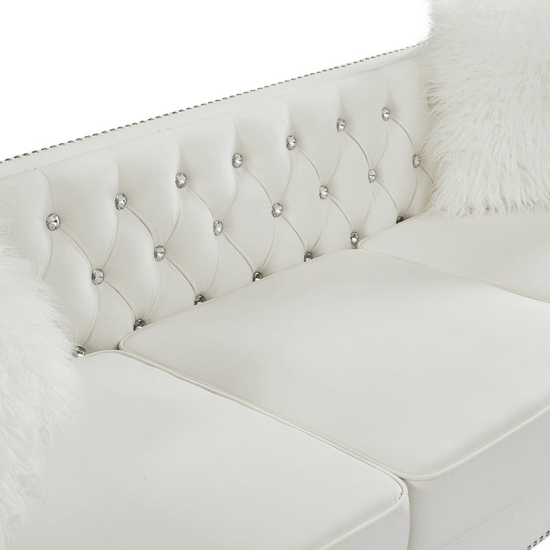 Beige, Three-seater Sofa, Velvet Crystal Buckle Upholstery Sofa