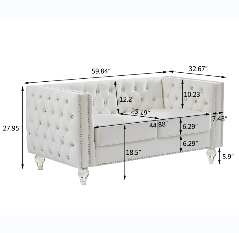 Beige, Two-seater Sofa, Velvet Crystal Buckle Upholstery Sofa