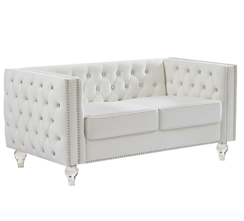 Beige, Two-seater Sofa, Velvet Crystal Buckle Upholstery Sofa