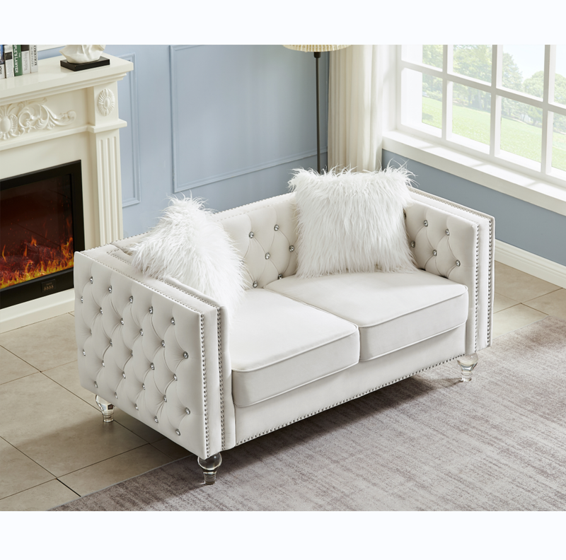 Beige, Two-seater Sofa, Velvet Crystal Buckle Upholstery Sofa