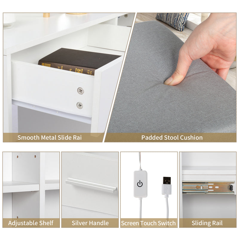 FCH Particleboard Triamine Veneer 5 Pumps 2 Shelves Mirror Cabinet Three Dimming Light Bulb Dressing Table Set White