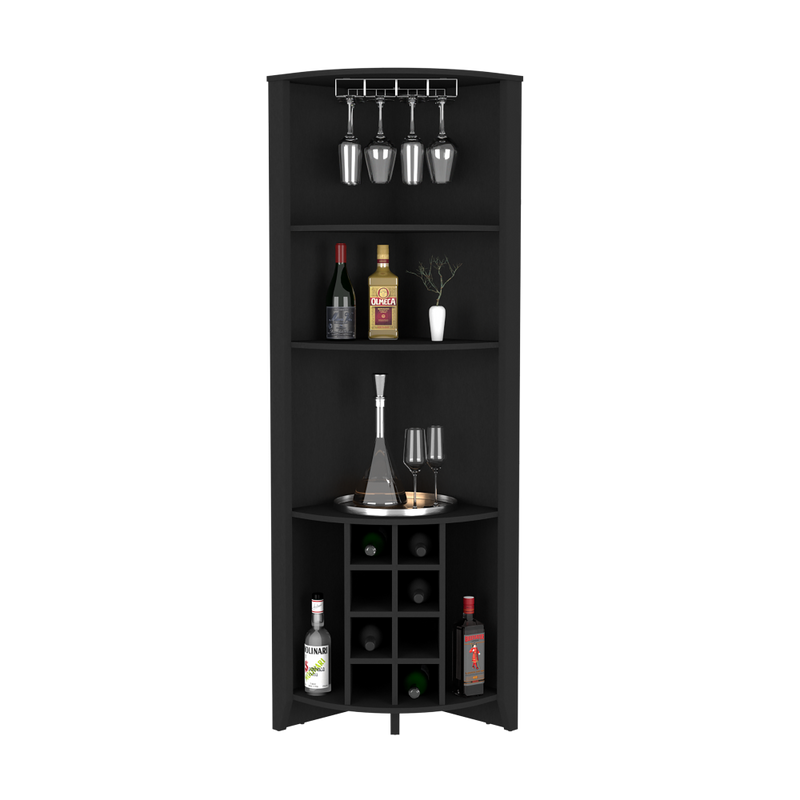 Corner Bar Cabinet  Castle, Three Shelves, Eight Wine Cubbies, Black Wengue Finish-4