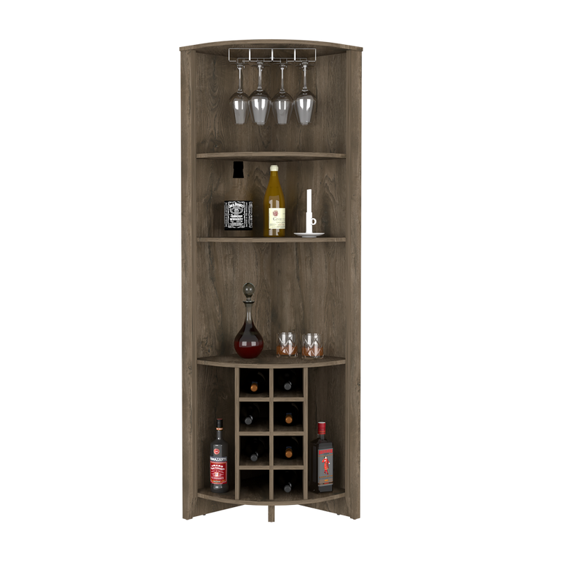 Corner Bar Cabinet  Castle, Three Shelves, Eight Wine Cubbies, Dark Brown Finish-3