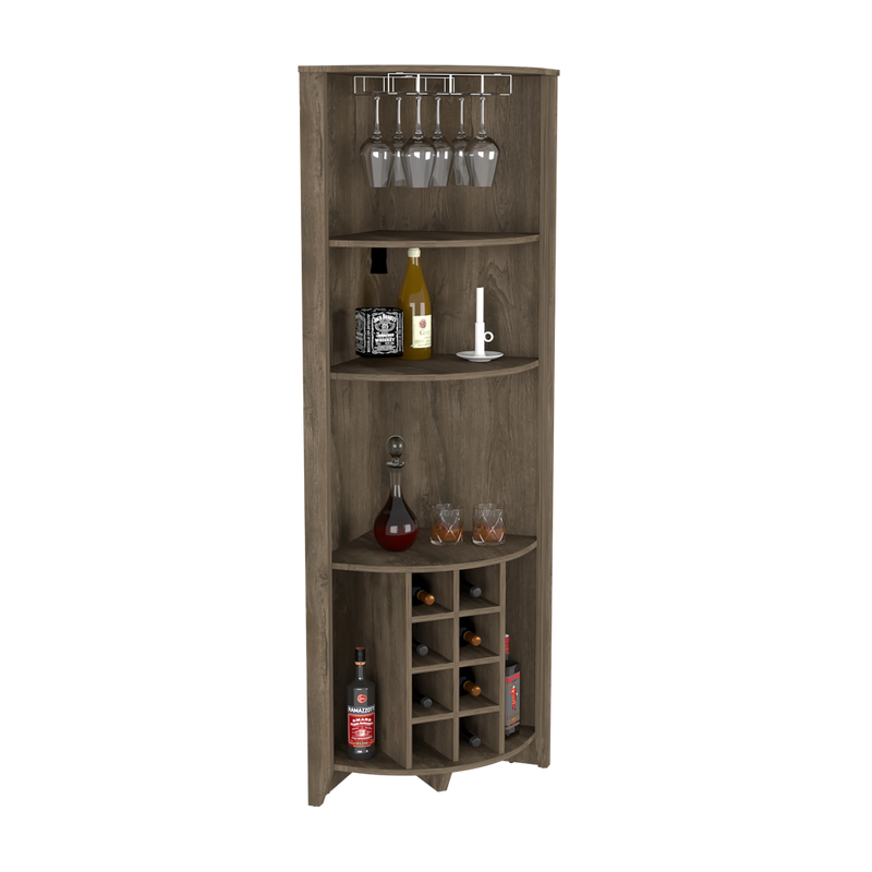 Corner Bar Cabinet  Castle, Three Shelves, Eight Wine Cubbies, Dark Brown Finish-2