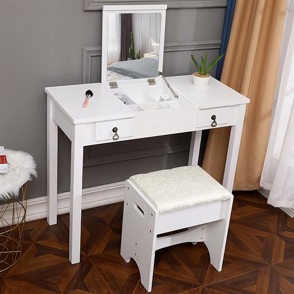 【】Flip Single Mirror Double Drawers Straight Feet Dresser White