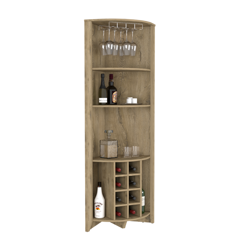 Corner Bar Cabinet  Castle, Three Shelves, Eight Wine Cubbies, Aged Oak Finish-5