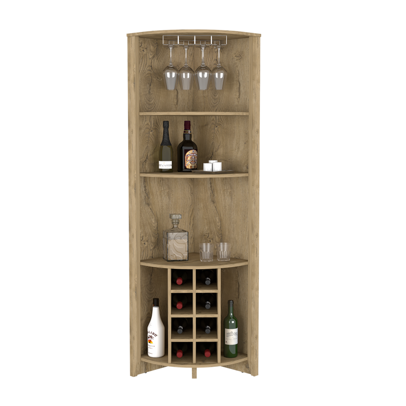 Corner Bar Cabinet  Castle, Three Shelves, Eight Wine Cubbies, Aged Oak Finish-4