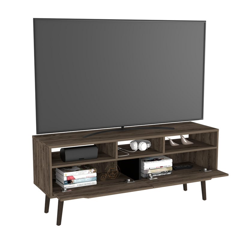 Tv Stand for TV´s up 52" Bull, Three Open Shelves, Two Flexible Drawers, Dark Walnut Finish-3