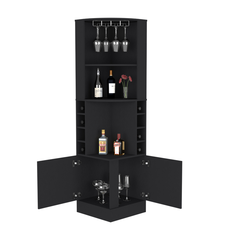 Corner Bar Cabinet Atanasio, 8 Wine Cubbies, Double Door, Black Wengue Finish-5