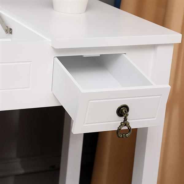 【】Flip Single Mirror Double Drawers Straight Feet Dresser White