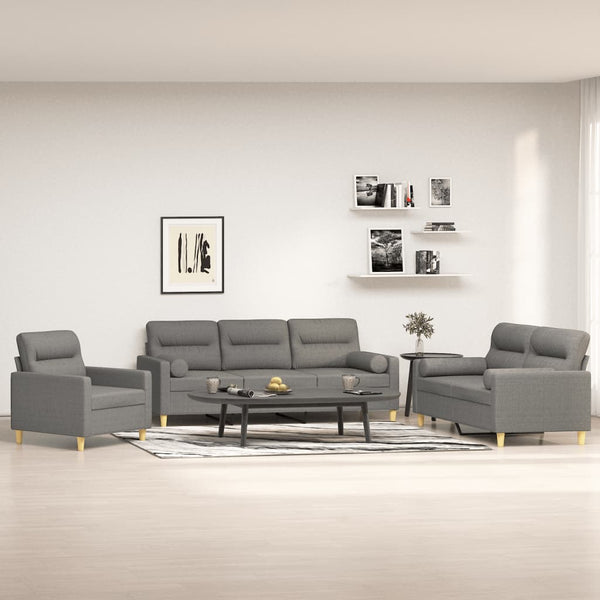 vidaXL 3 Piece Sofa Set with Throw Pillows&Cushions Dark Gray Fabric-0