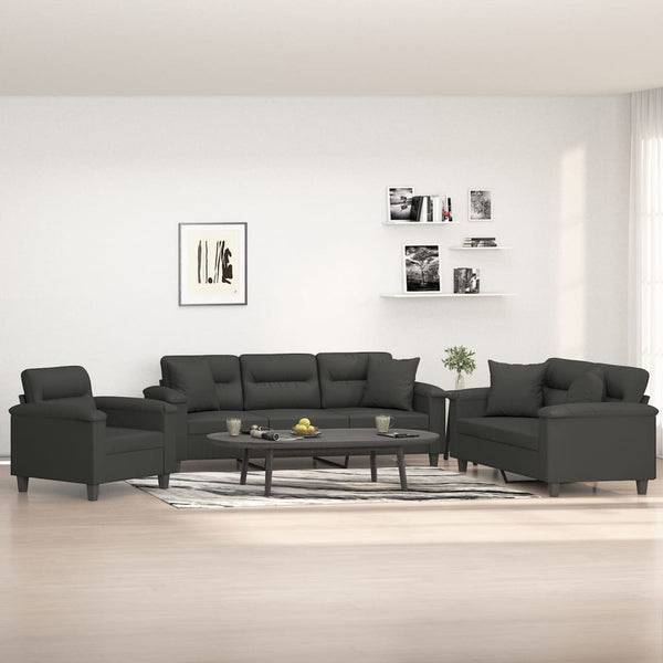 vidaXL 3 Piece Sofa Set with Pillows Dark Gray Microfiber Fabric-0