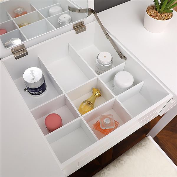 【】Flip Single Mirror Double Drawers Straight Feet Dresser White