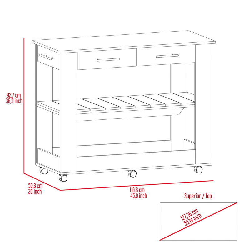 Kitchen Island 46 Inches Dozza, Two Drawers, Black Wengue / Light Oak Finish-6