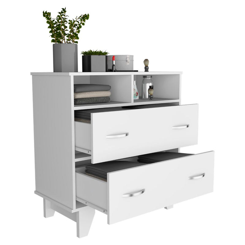 Double Drawer Dresser Arabi, Two Shelves, White Finish-4